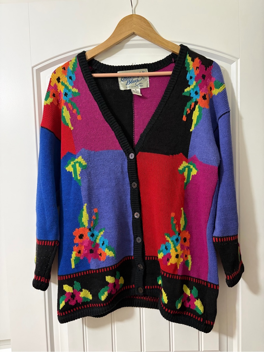 Vintage Colorblock Floral V-Neck  Cotton Blend Cardigan Sweater
